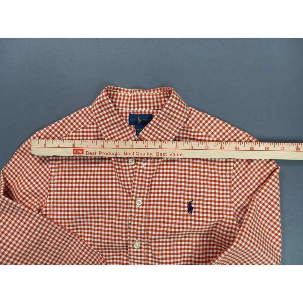 Ralph Lauren Kids Orange Gingham Button Down Shirt Size M 10-12 Cotton Pony Logo